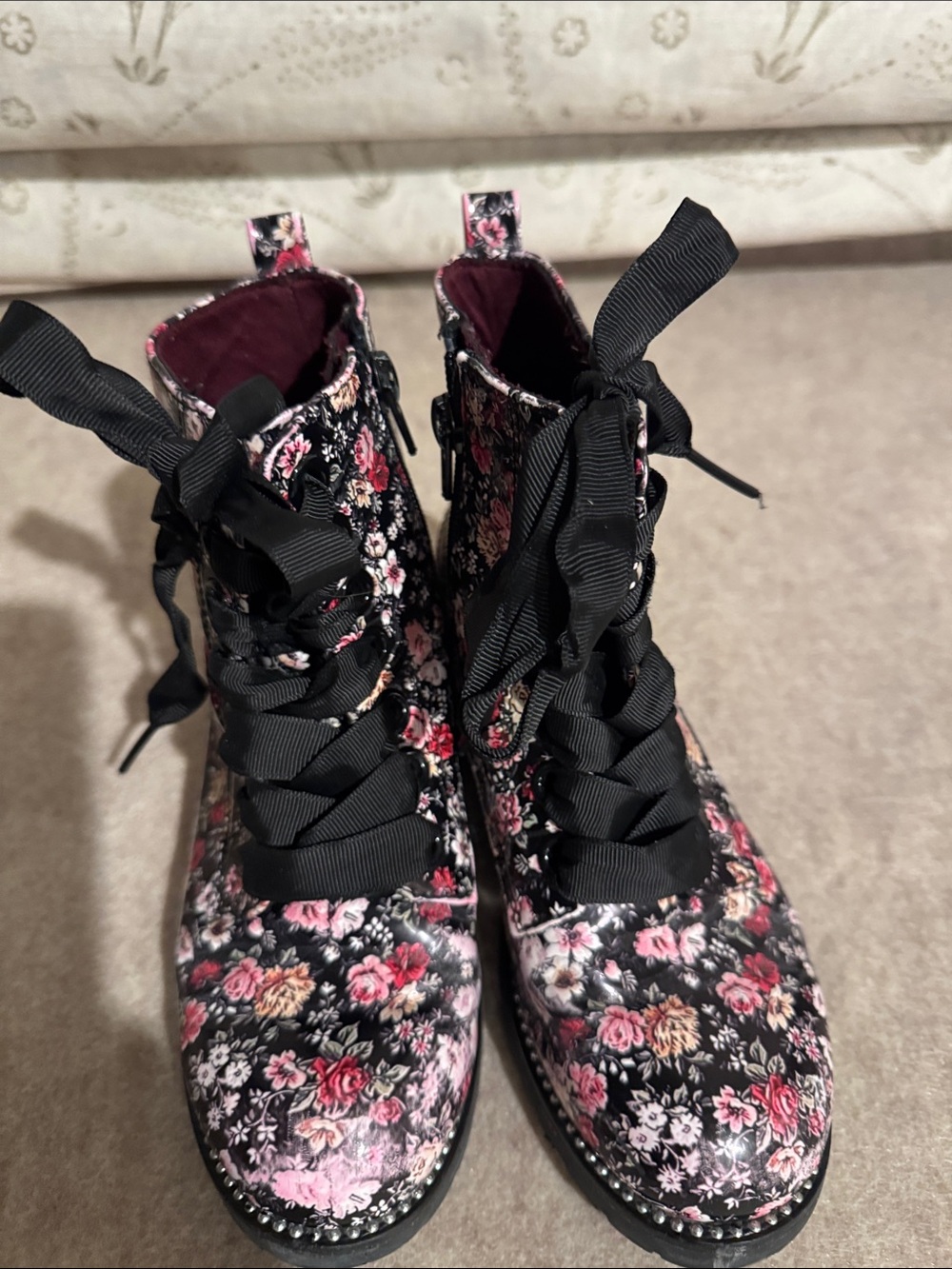 Self Esteem Black Floral Lace-Up Combat Boots with Pink Rose Print